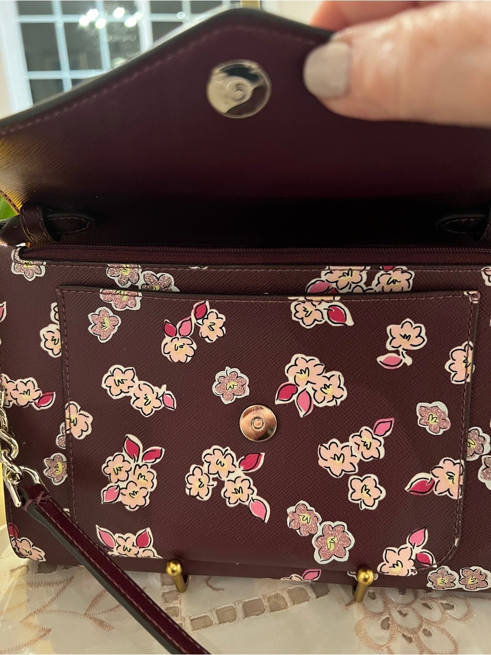 Kate Spade Floral Crossbody Wallet On Chain Burgundy Pink Boutique Luxury - Picture 12 of 12